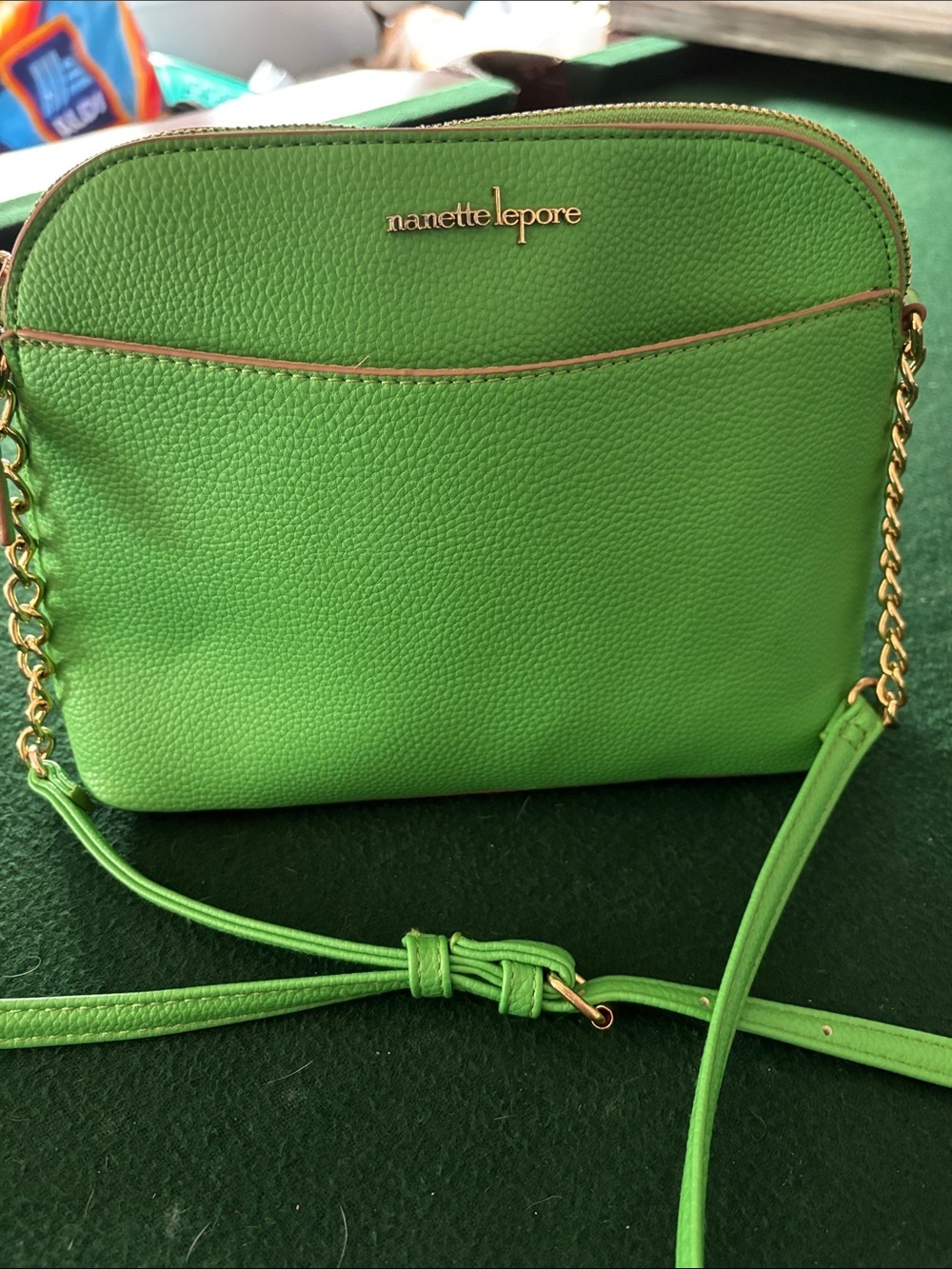 Nanette Lepore Lime Green Pebbled Crossbody with Gold Chain